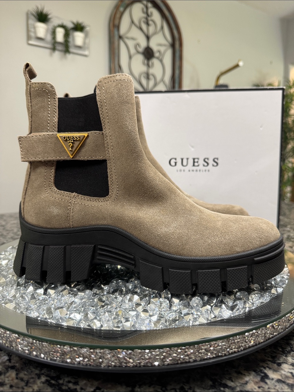 GUESS Hensley leather Taupe Suede Chunky Chelsea Booties Gold Logo NEW 9.5